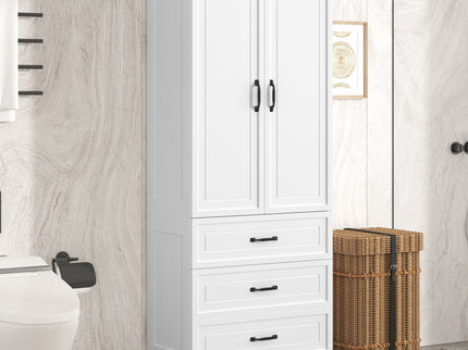 Tall Bathroom Storage Cabinet With 2 Doors And Drawers, Adjustable Shelf - White
