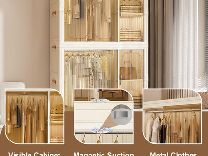 Portable Wardrobe Closet Storage Organizer For Clothes, 9 Magnetic Doors With 9 Cubes & 2 Hanging Rods, 6 Hangers - Cream White