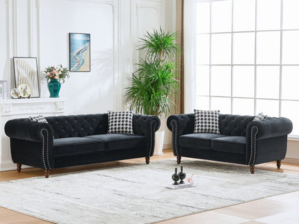 Chesterfield 3 And 2 Seater Upholstery Sofa With Roll Armrest & Nailhead Fabric Couch