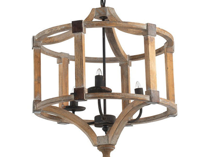 3 Light Wood Drum Chandelier, Hanging Light Fixture With Adjustable Chain For Kitchen, Bulb Not Included - Brown