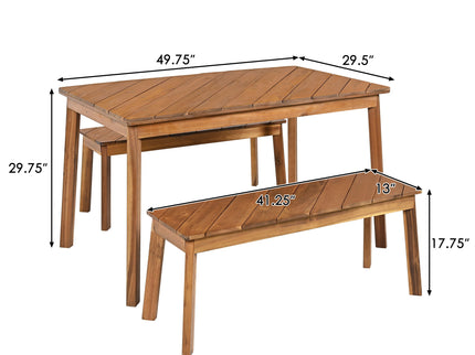 3 Pieces Acacia Wood Table Bench Dining Set For Outdoor & Indoor Furniture With 2 Benches, Picnic Beer Table For Patio, Porch, Garden, Poolside - Natural