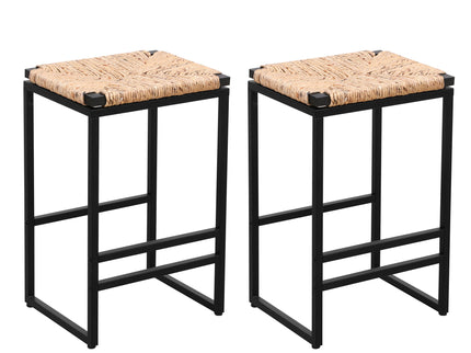25" Height Backless Water Hyacinth Woven Bar Stools With Footrest (Set of 2) - Natural