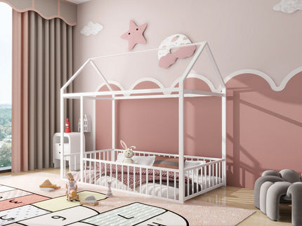 Metal Bed House Bed Frame With Fence