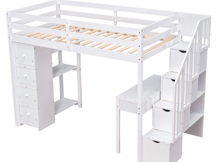 Loft Bed With Storage Drawers, Desk And Stairs With Shelves