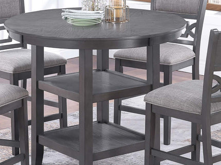 5 Piece Counter Height Dining Set With Storage Shelves Round Table And Upholstered High Chairs - Gray