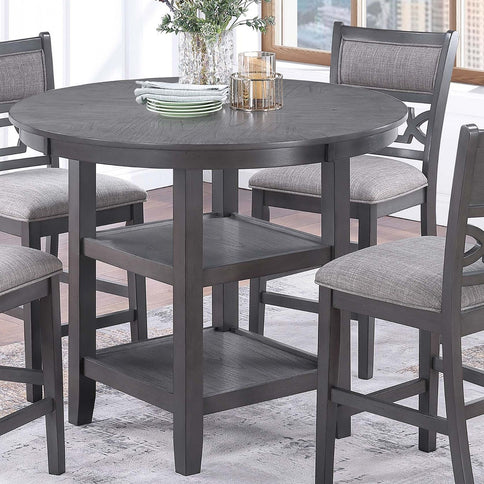 5 Piece Counter Height Dining Set With Storage Shelves Round Table And Upholstered High Chairs - Gray