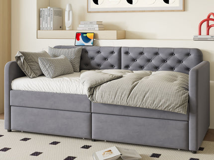 Twin Size Upholstered Daybed With 2 Storage Drawers And USB Charging Design - Gray