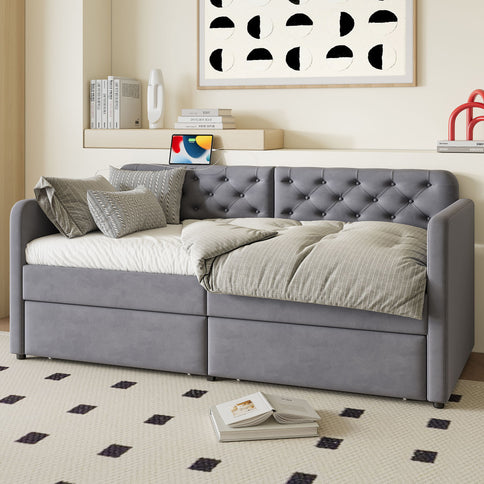 Twin Size Upholstered Daybed With 2 Storage Drawers And USB Charging Design - Gray