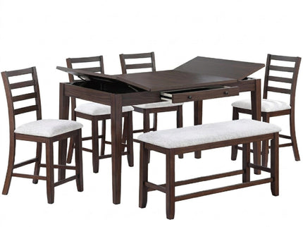6 Piece Counter Height Dining Set Table With Storage Ladder Back Chairs And Bench - Walnut