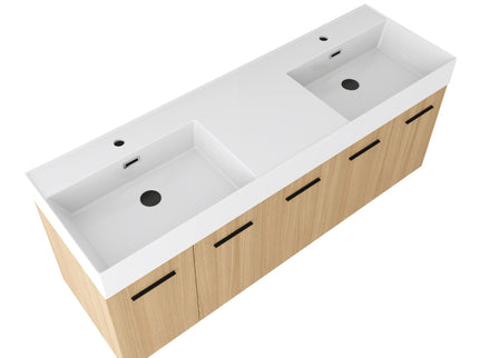 Floating Double Sink Bathroom Vanity With Extra Large Storage, Integrated Sink, Soft Close Doors, Wall Mounted Bath Vanity - Glossy White / Light Oak
