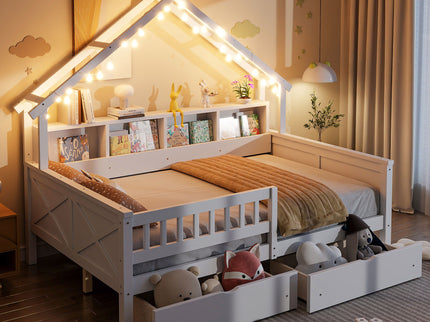 House Style Platform Bed With LED Lights, Storage Shelves, Drawers, And Guardrail