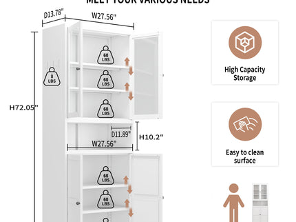 Metal Kitchen Pantry Cabinet Tall Storage With Adjustable Shelves, Heavy Duty Stainless Steel Frame - White