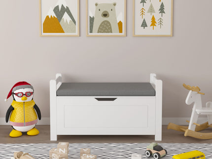 Kids Toy Box Chest Storage Cabinet With Cushion Seat Bench Flip Top Lid Safety Hinge - White