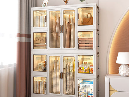 Portable Wardrobe Closet Storage Organizer For Clothes With Magnetic Doors, 12 Cubes & 2 Hanging Rods - White