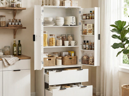 Fluted Kitchen Pantry Cabinet With 2 Large Drawers & 8 Door Spice Rack
