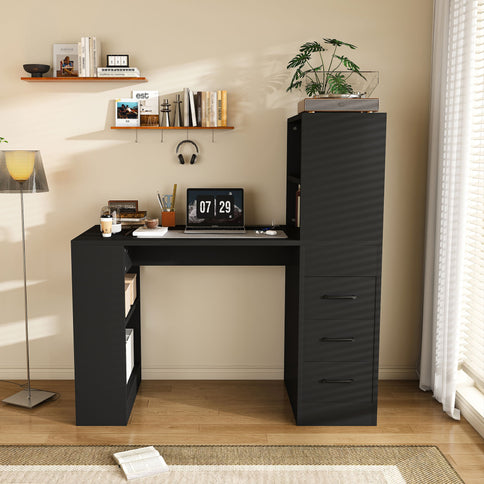 Computer Desk With 4 In 1 Socket & 3 Drawers, 4 Tier Shelves