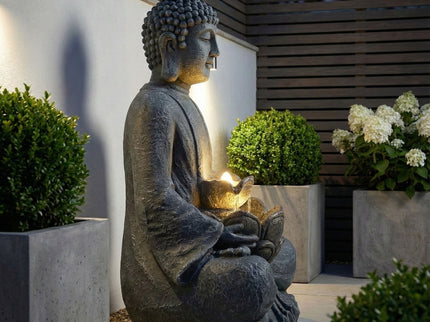 Zen - 2 Tier Meditating Buddha Water Fountain With Pump & LED Light - Gray