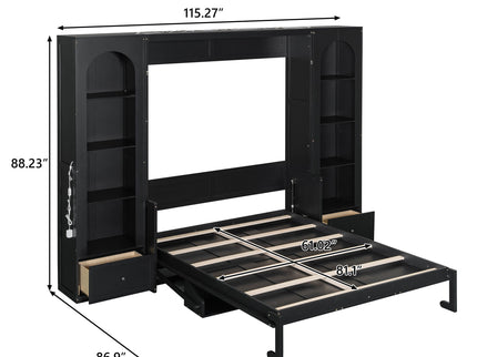 French Style Murphy Platform Bed With Shelf, Side Cabinets, Drawers And LED