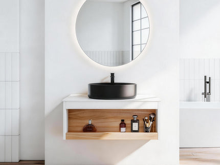 Floating Bathroom Vanity With Glossy Round Vessel Sink