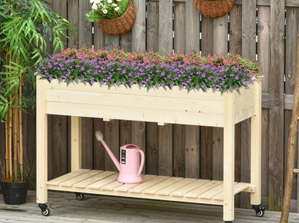 Outsunny - Raised Garden Bed, 47" x 22" x 33", Elevated Wooden Planter Box With Lockable Wheels, Storage Shelf, And Bed Liner For Backyard, Patio - Natural