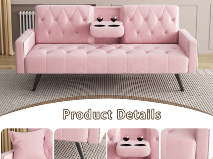 Sofa Bed With Nail Head Trim And Cup Holders - Pink