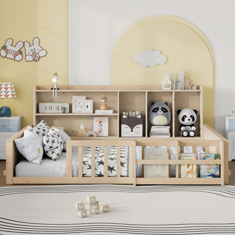 Platform Bed Frame With Guardrail, Storage Shelves & Bookshelf