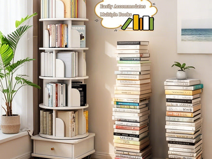 Rotating Bookshelf With Wheels And Drawer, 360° Spinning Design, Space Saving Storage