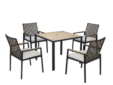 5 Piece Patio Dining Table Set, Acacia Wood Table Top With Umbrella Hole