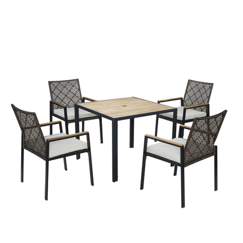 5 Piece Patio Dining Table Set, Acacia Wood Table Top With Umbrella Hole