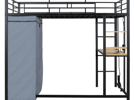 Loft Bed With Desk, Shelves, Power Outlet, LED Light And Wardrobe