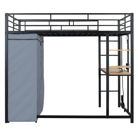 Loft Bed With Desk, Shelves, Power Outlet, LED Light And Wardrobe