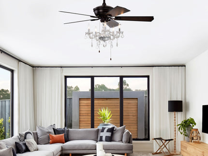 52" Crystal Shade Ceiling Fan Lamp, 3 Speed, 4 Timing, 5 Reversible Blades Crystal Ceiling Fan, 5 Pieces X E12 (No Include Bulb), Hand Pull Chain - Matte Black