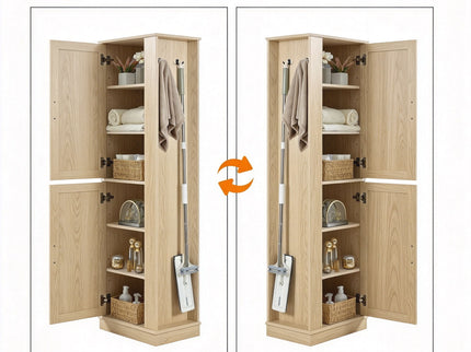Tall Freestanding Bathroom Storage Cabinet With Adjustable Shelves And Side Hooks