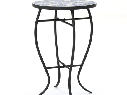 Outdoor Round Side Table With Mosaic Style Top And Curved Iron Legs - Blue / Matte Black