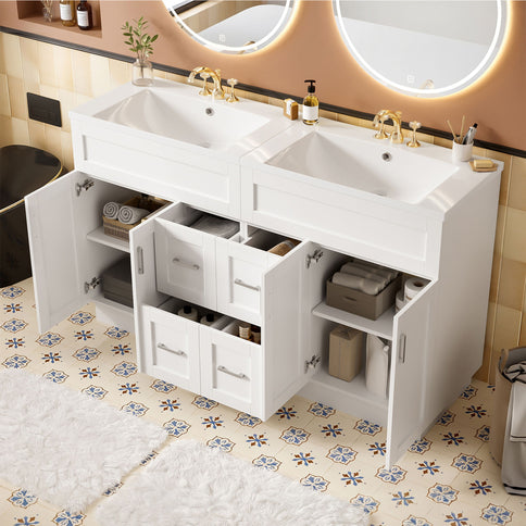 Bathroom Vanity With Dual Sinks, 4 Cabinet Doors, 4 Drawers, Adjustable Shelves - White