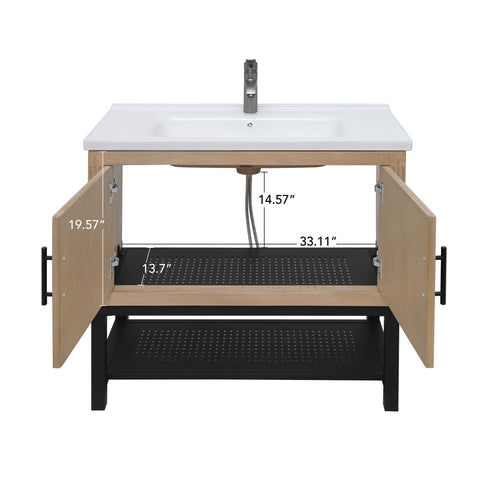 Modern Freestanding Bathroom Vanity With Ceramic Sink, Hot And Cold Faucet, Storage Cabinet & Open Shelf