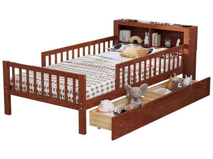 Bed With Headboard Storage Rack, 2 Under Bed Drawers, 3 Side Guardrails For Safety