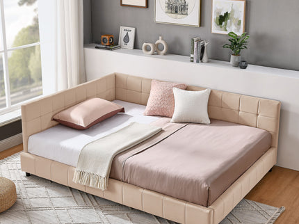 Mid-Century Storage Upholstered Tufted Bed Frame With Backrest And Armrests