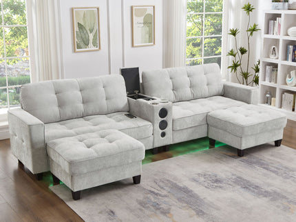 Modern Sectional Sofa U-Shaped With Movable Ottomans, tooth Speakers, LED Lights And Modular Storage
