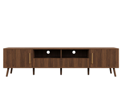 78" TV Stand For 85" TVs With Fluted Doors, Open Shelf, Cable Management - Walnut