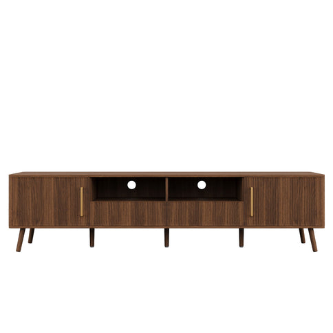 78" TV Stand For 85" TVs With Fluted Doors, Open Shelf, Cable Management - Walnut