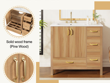 36" Bathroom Vanity, 2 Soft Close Doors, 4 Soft Close Drawers, Adjustable Shelf, Storage Cabinet - Acacia Wood