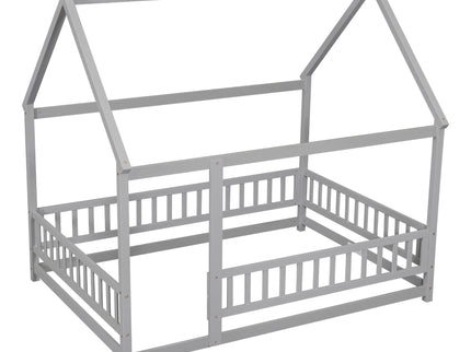 Floor Wooden Bed With House Roof Frame, Fence Guardrails