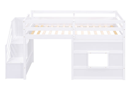 Loft Bed With Storage Staircase, Window & LED Light