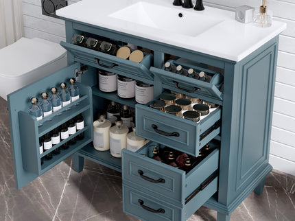 Modern Bathroom Vanity With Sink Top, Flip Drawers, Adjustable Shelf