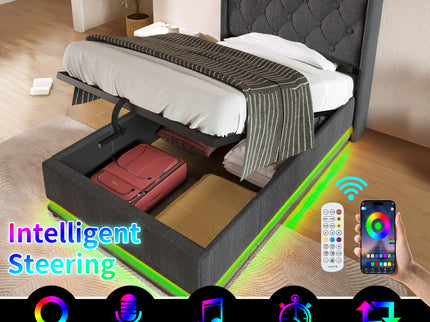 Upholstered Bed, 360 Surround LED Function, Remote Control, Hydraulic Storage Bed With USB, Type-C Charging (Without Mattress)