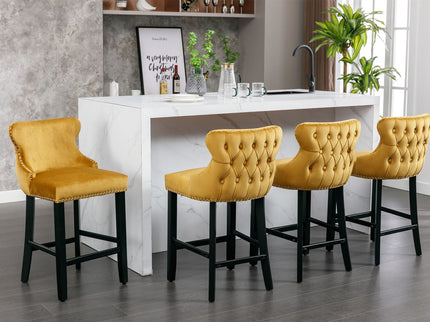 Contemporary Upholstered Wing-Back Barstools With Button Tufted Decoration And Wooden Legs, And Nailhead Trim, Leisure Style Bar Chairs, Bar Stools (Set of 2)