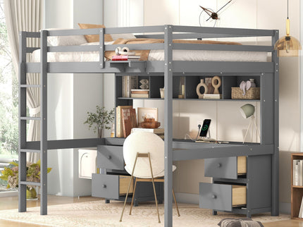 Loft Bed With Desk, Cabinets, Drawers, Charging Station And Bedside Tray
