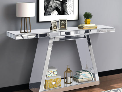 Modern Luxe Full Body Mirror Entryway Table With Trapezoid Base, 360° Reflective Console, Scratch Resistant, Open Storage - Silver