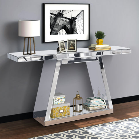 Modern Luxe Full Body Mirror Entryway Table With Trapezoid Base, 360° Reflective Console, Scratch Resistant, Open Storage - Silver